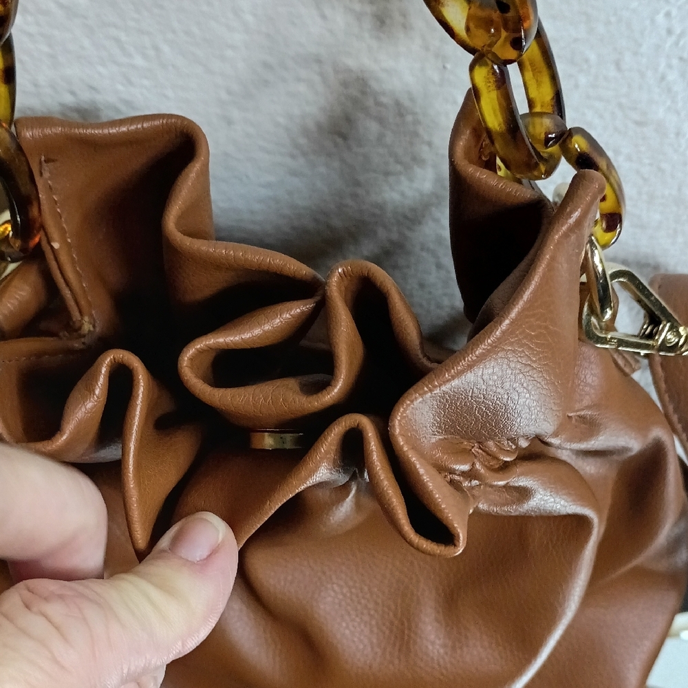 Brown Leather Snap Button Bag With Decorative Str… - image 4